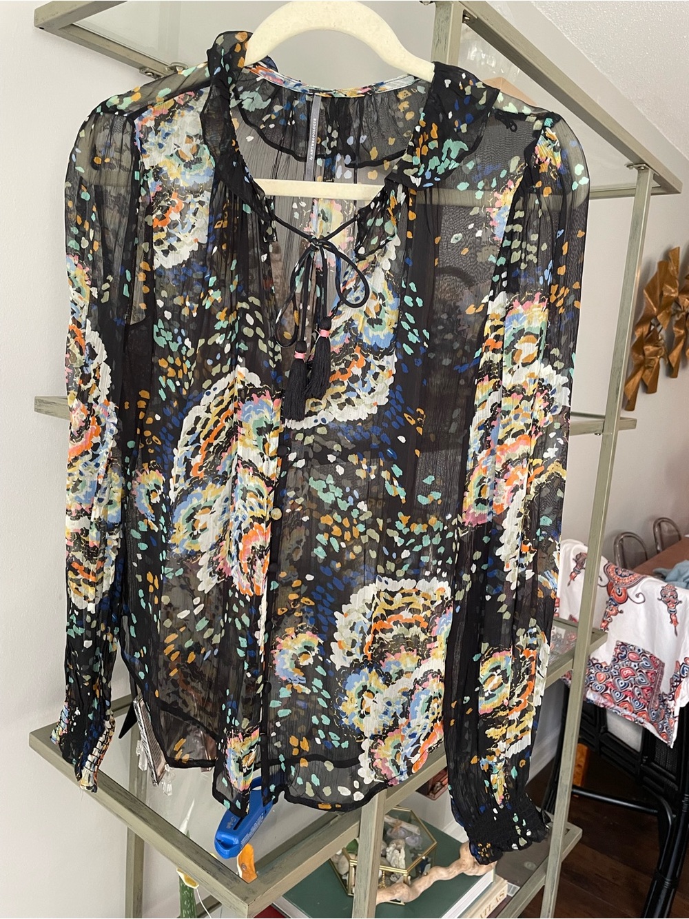 Anthropologie Black Sheer Floral Tie-Neck Blouse